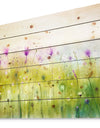 Green Purple Abstract Cosmos of Flowers - Large Flower Print on Natural Pine Wood