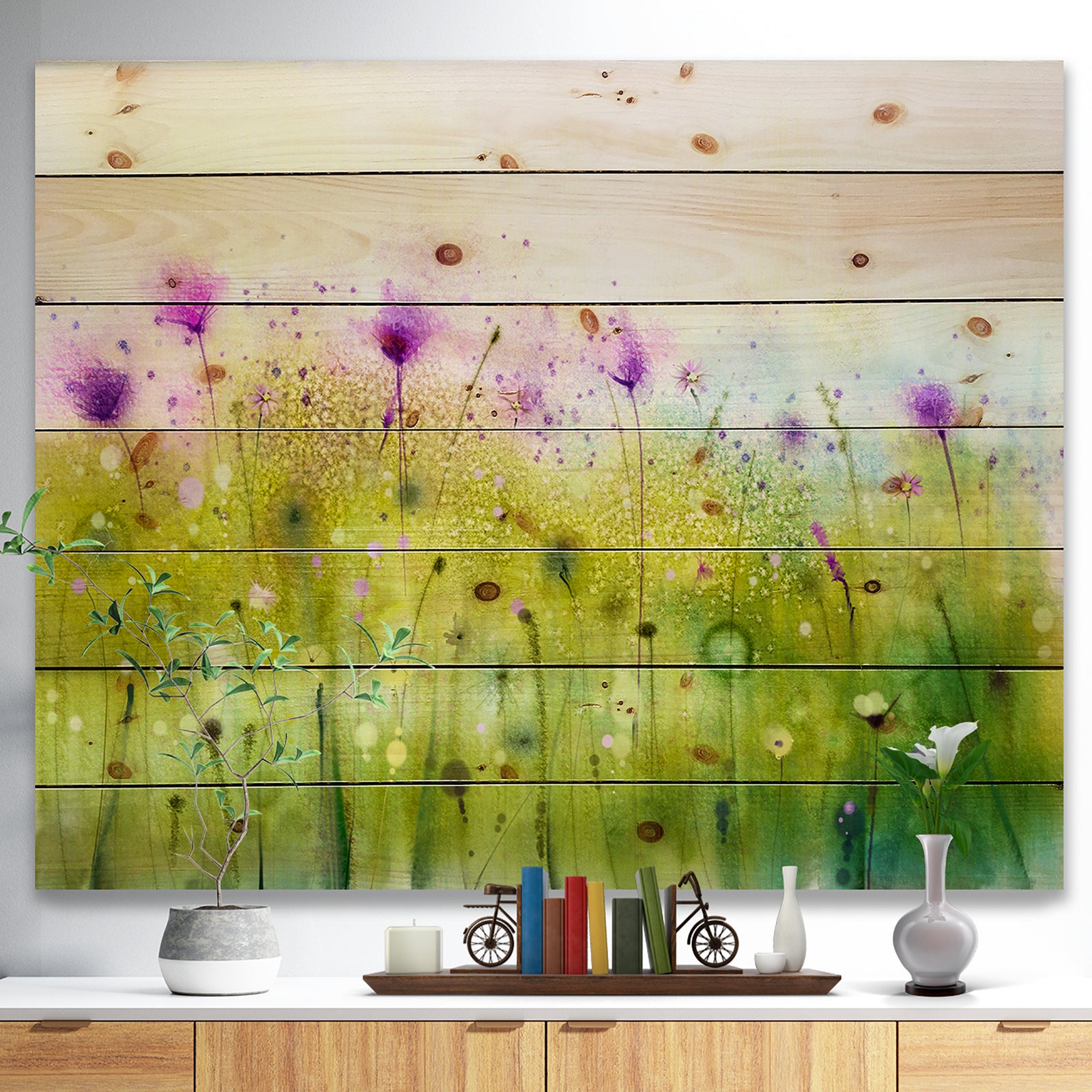 Green Purple Abstract Cosmos of Flowers - Large Flower Print on Natural Pine Wood