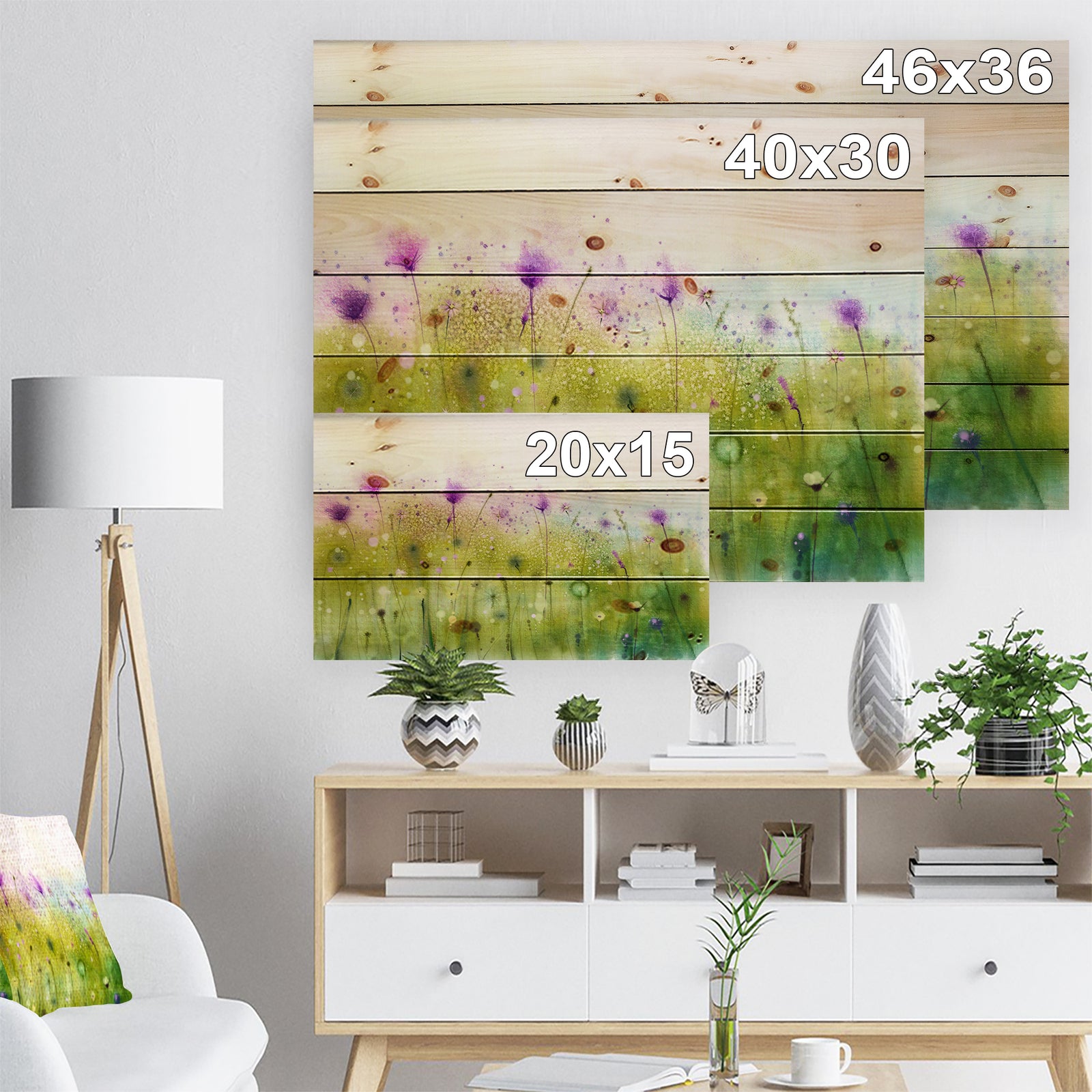 Green Purple Abstract Cosmos of Flowers - Large Flower Print on Natural Pine Wood