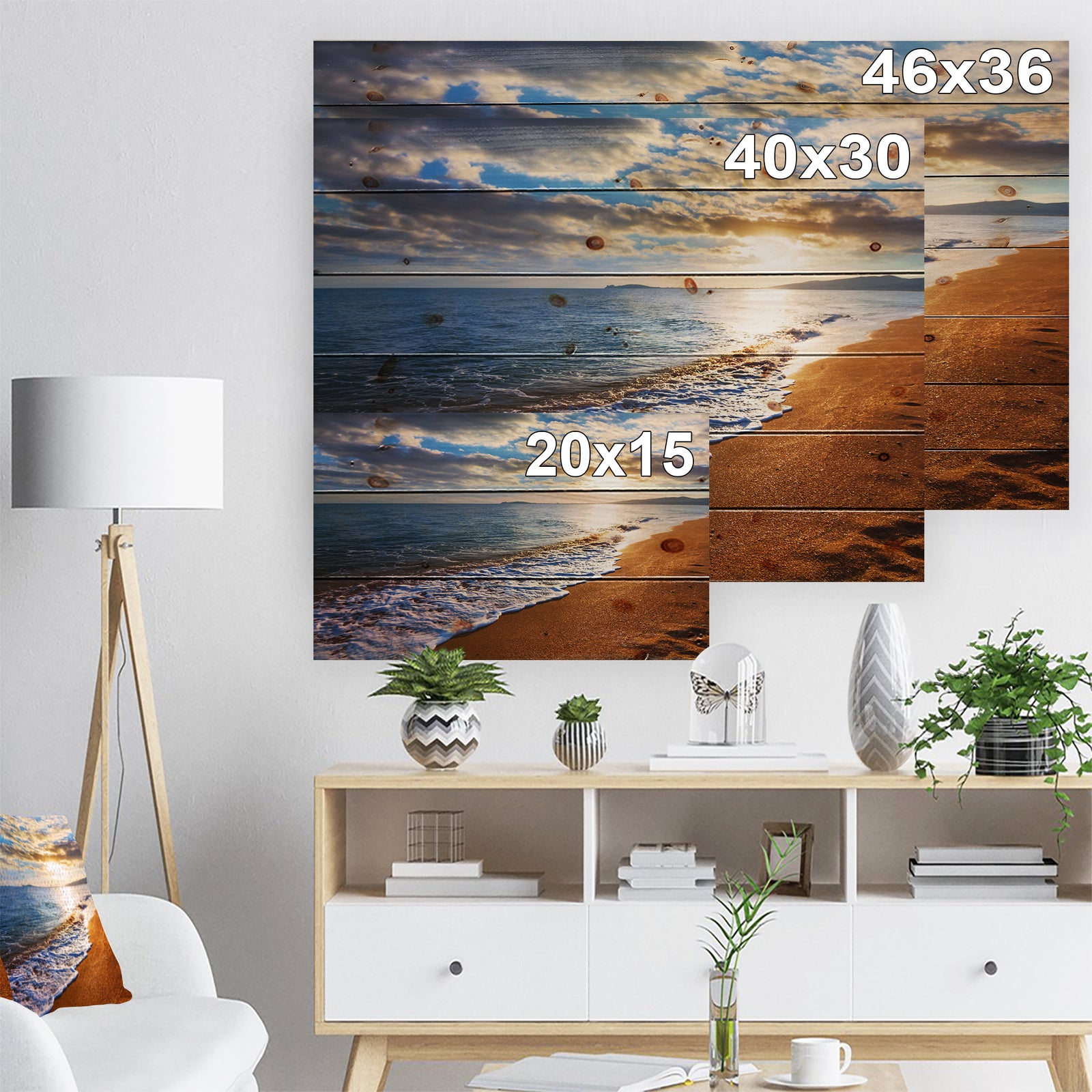 Heavy Clouds Over Morning Beach - Seashore Print on Natural Pine Wood