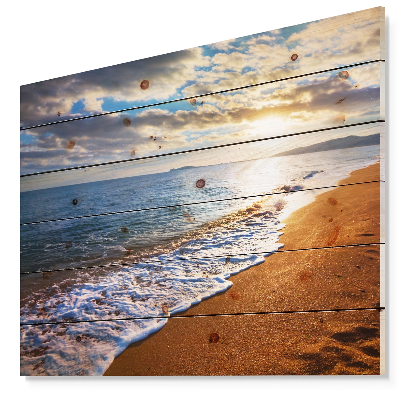 Heavy Clouds Over Morning Beach - Seashore Print on Natural Pine Wood