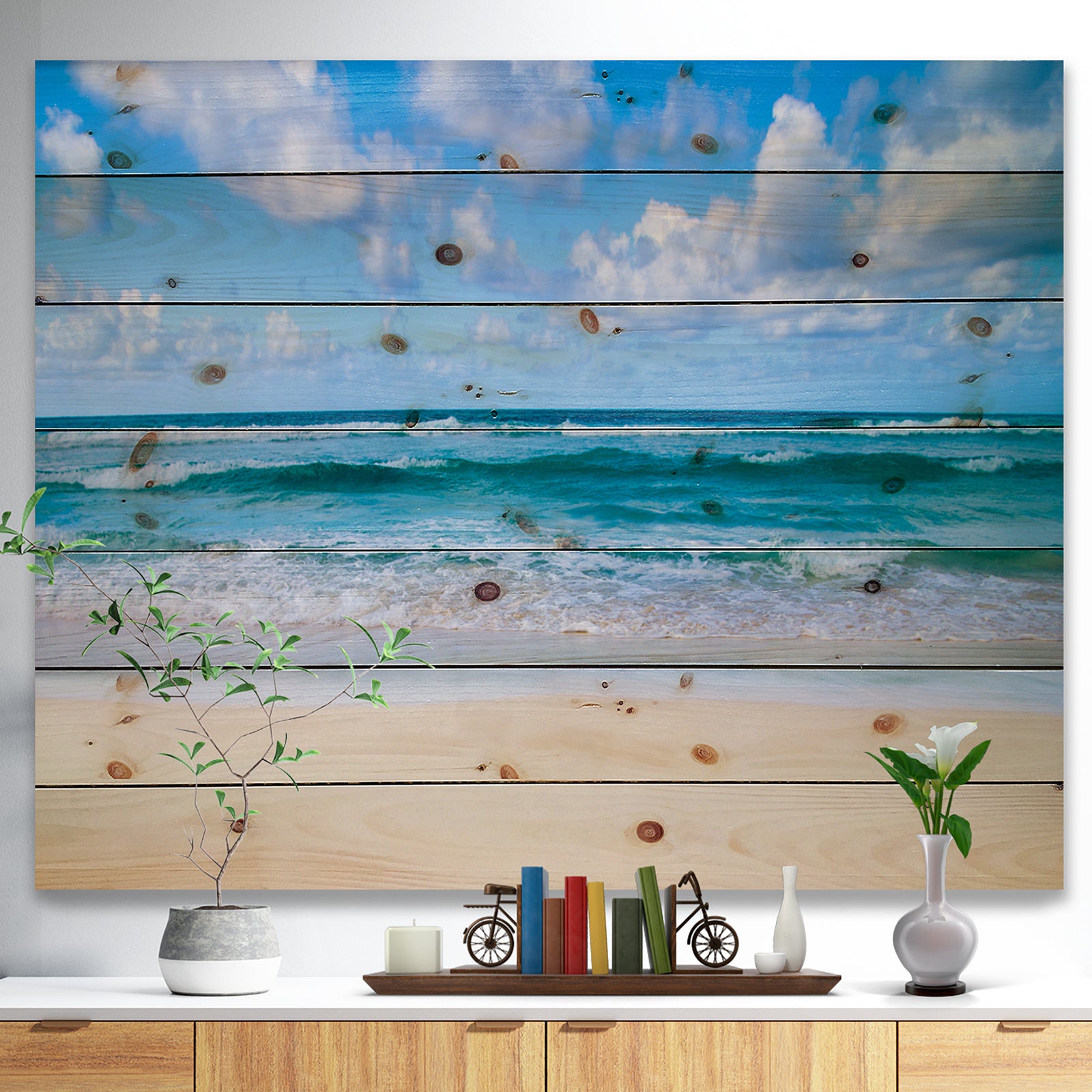 Serene Blue Tropical Beach - Seashore Print on Natural Pine Wood