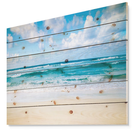 Serene Blue Tropical Beach - Seashore Print on Natural Pine Wood