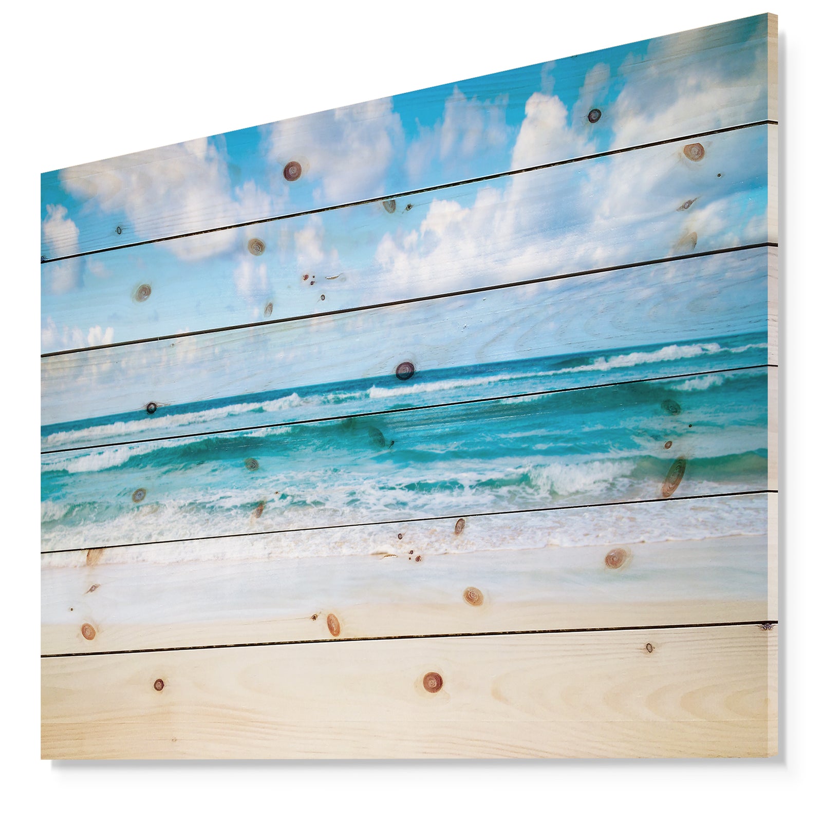 Serene Blue Tropical Beach - Seashore Print on Natural Pine Wood