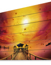 Exotic Wood Pier under Yellow Sun - Sea Bridge Print on Natural Pine Wood