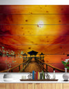 Exotic Wood Pier under Yellow Sun - Sea Bridge Print on Natural Pine Wood