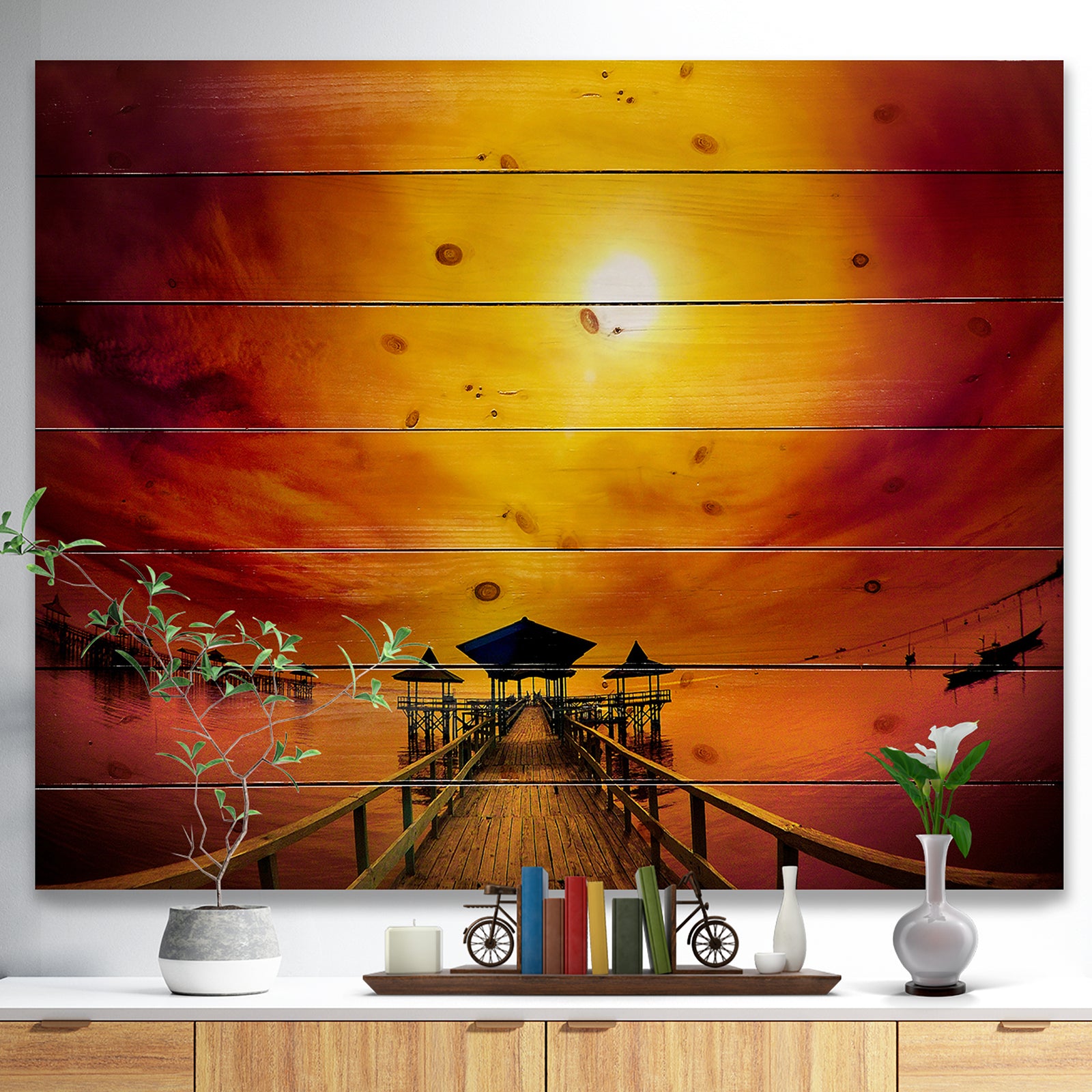 Exotic Wood Pier under Yellow Sun - Sea Bridge Print on Natural Pine Wood