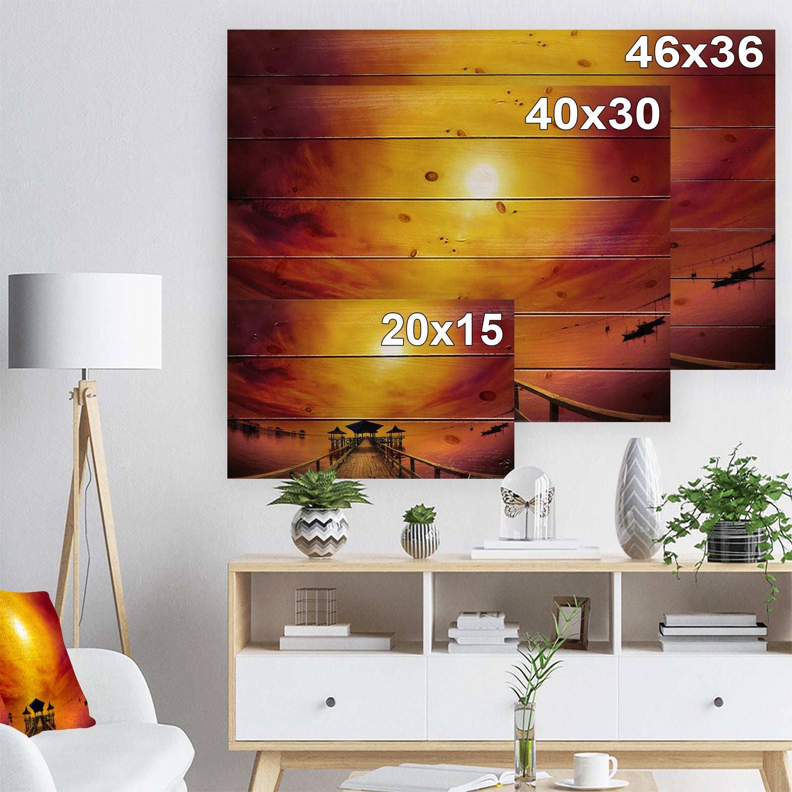 Exotic Wood Pier under Yellow Sun - Sea Bridge Print on Natural Pine Wood