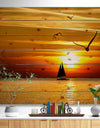 Bright Yellow Beach with Birds - Seashore Print on Natural Pine Wood