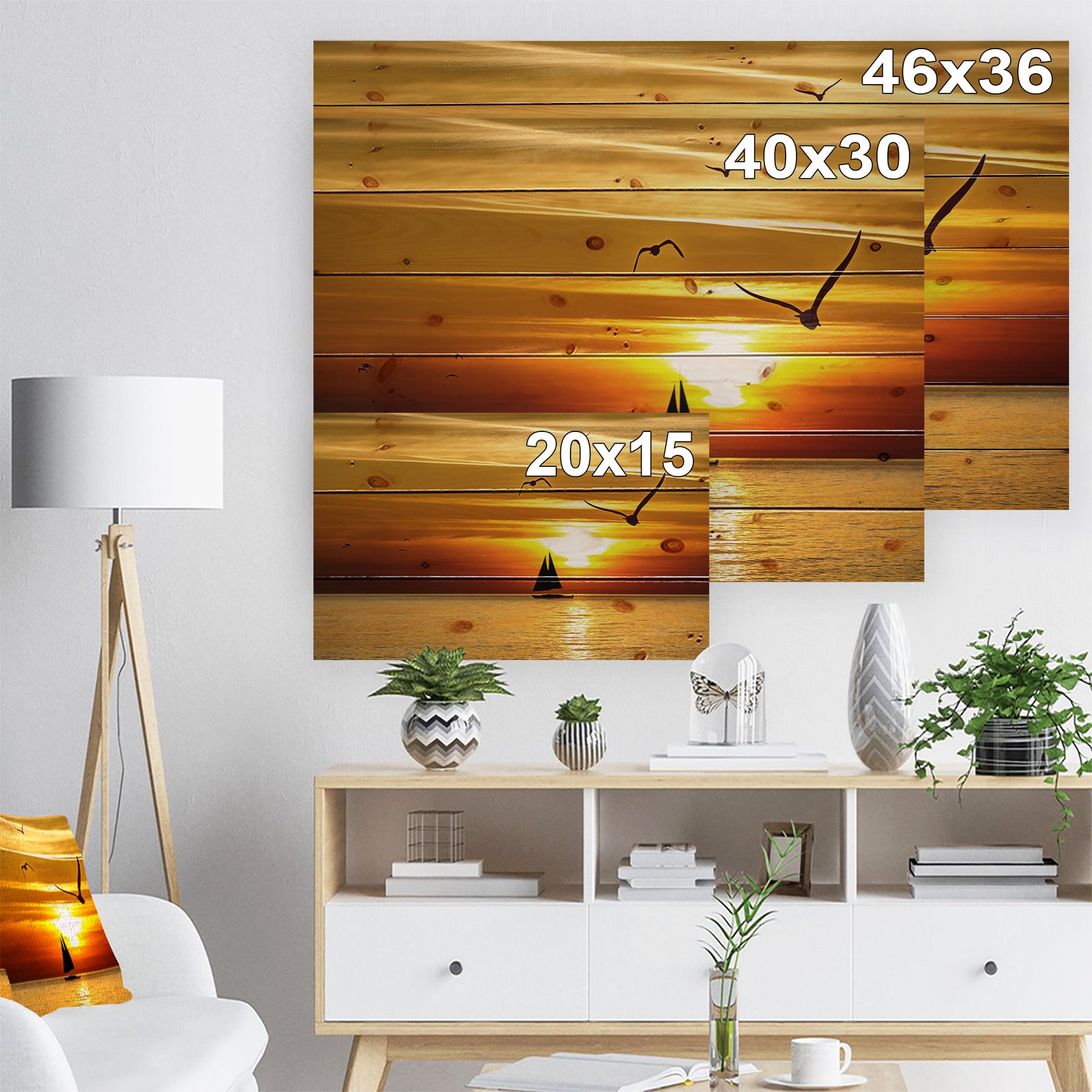 Bright Yellow Beach with Birds - Seashore Print on Natural Pine Wood