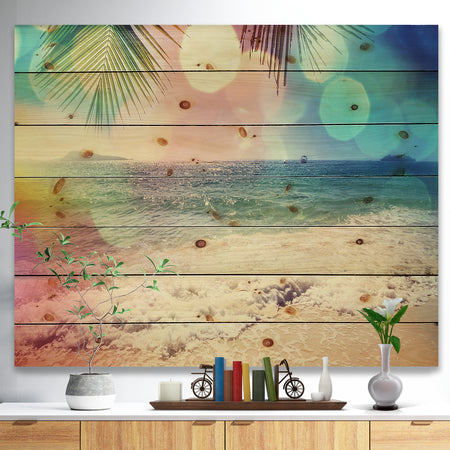 Colorful Serenity Tropical Beach - Seashore Print on Natural Pine Wood
