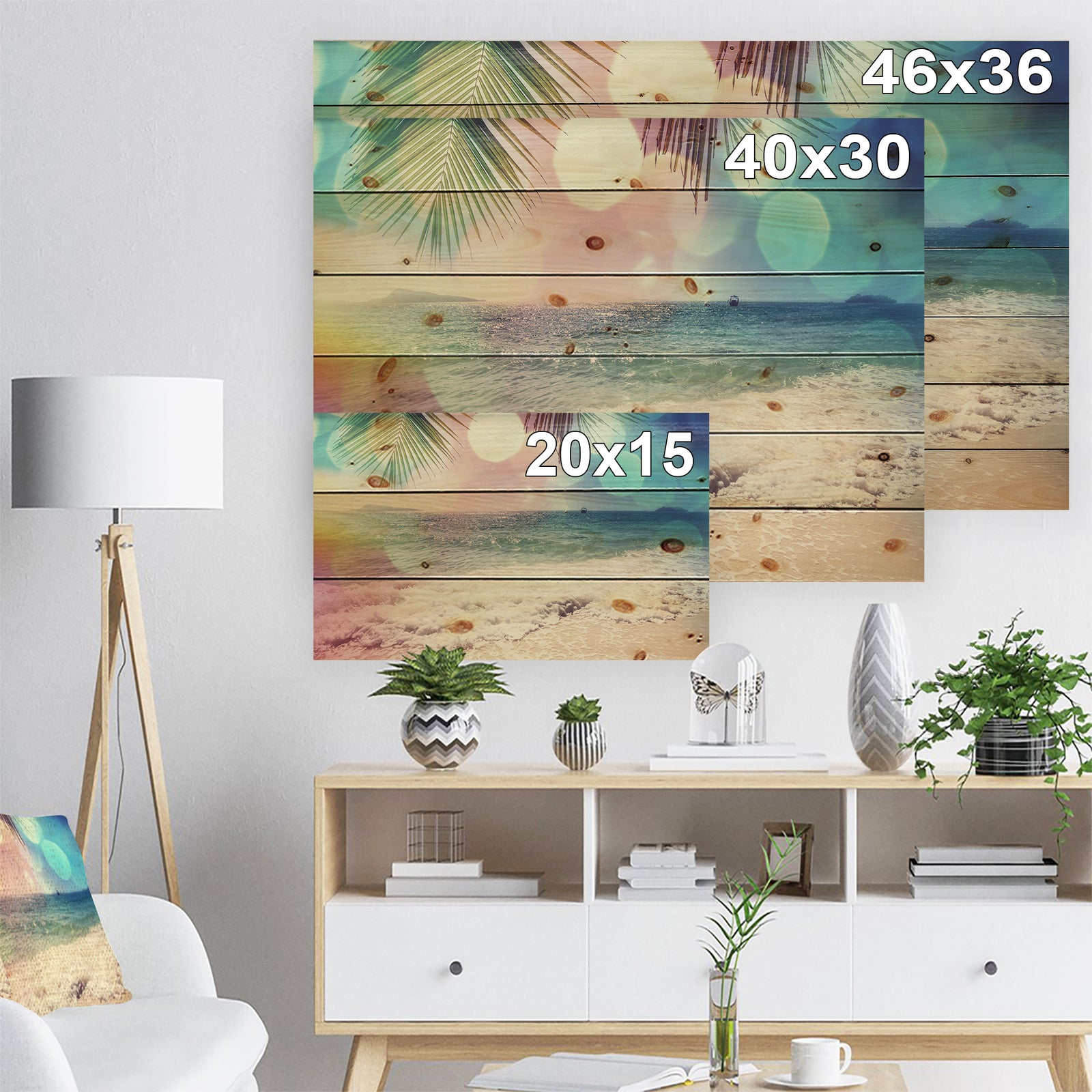 Colorful Serenity Tropical Beach - Seashore Print on Natural Pine Wood