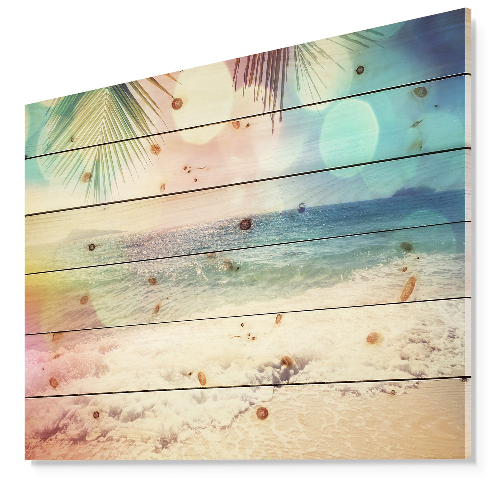 Colorful Serenity Tropical Beach - Seashore Print on Natural Pine Wood