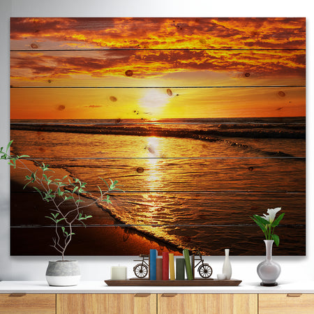 Bright Yellow Sunset over Waves - Modern Beach Print on Natural Pine Wood