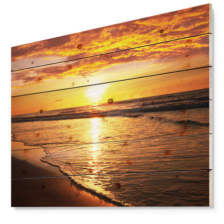 Bright Yellow Sunset over Waves - Modern Beach Print on Natural Pine Wood
