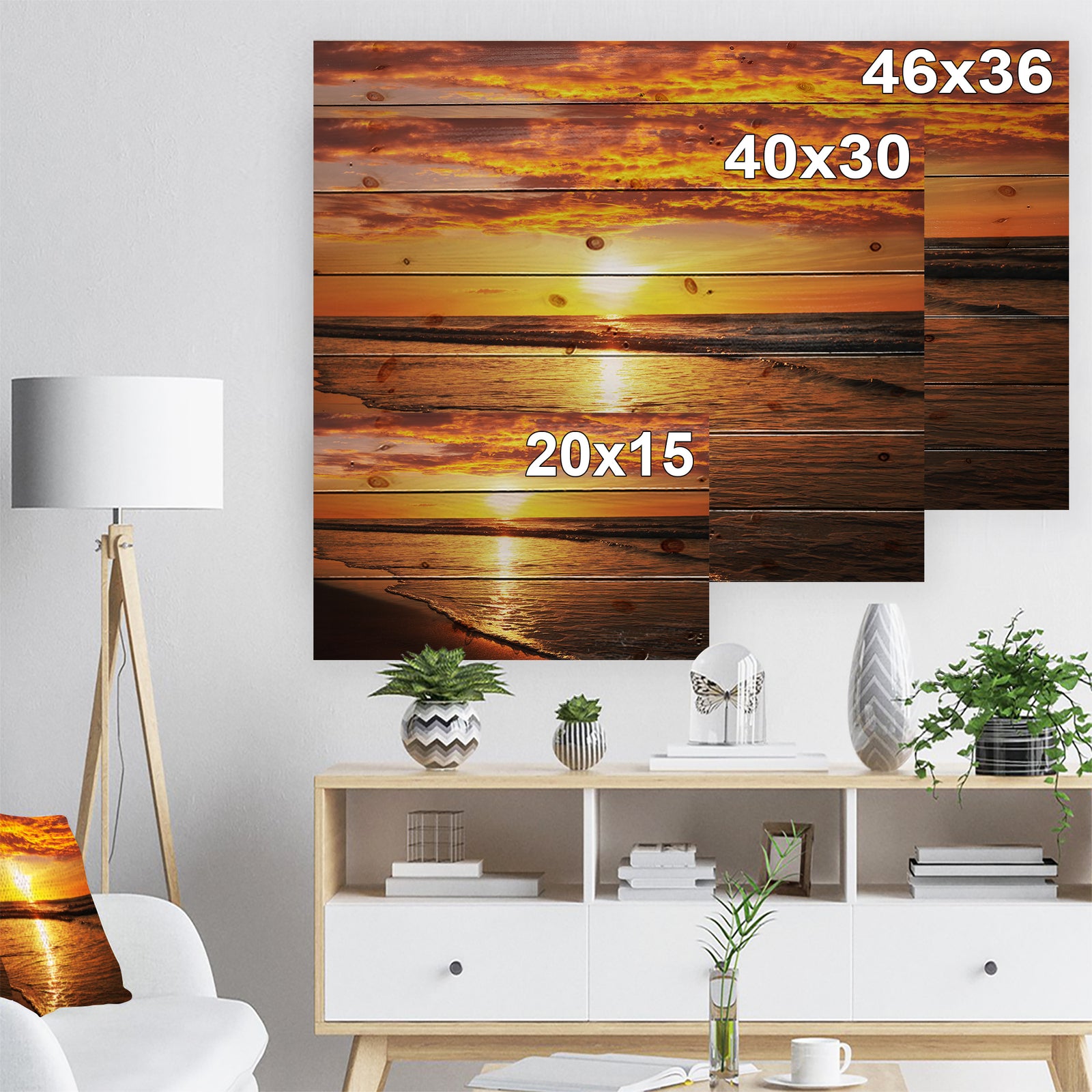 Bright Yellow Sunset over Waves - Modern Beach Print on Natural Pine Wood