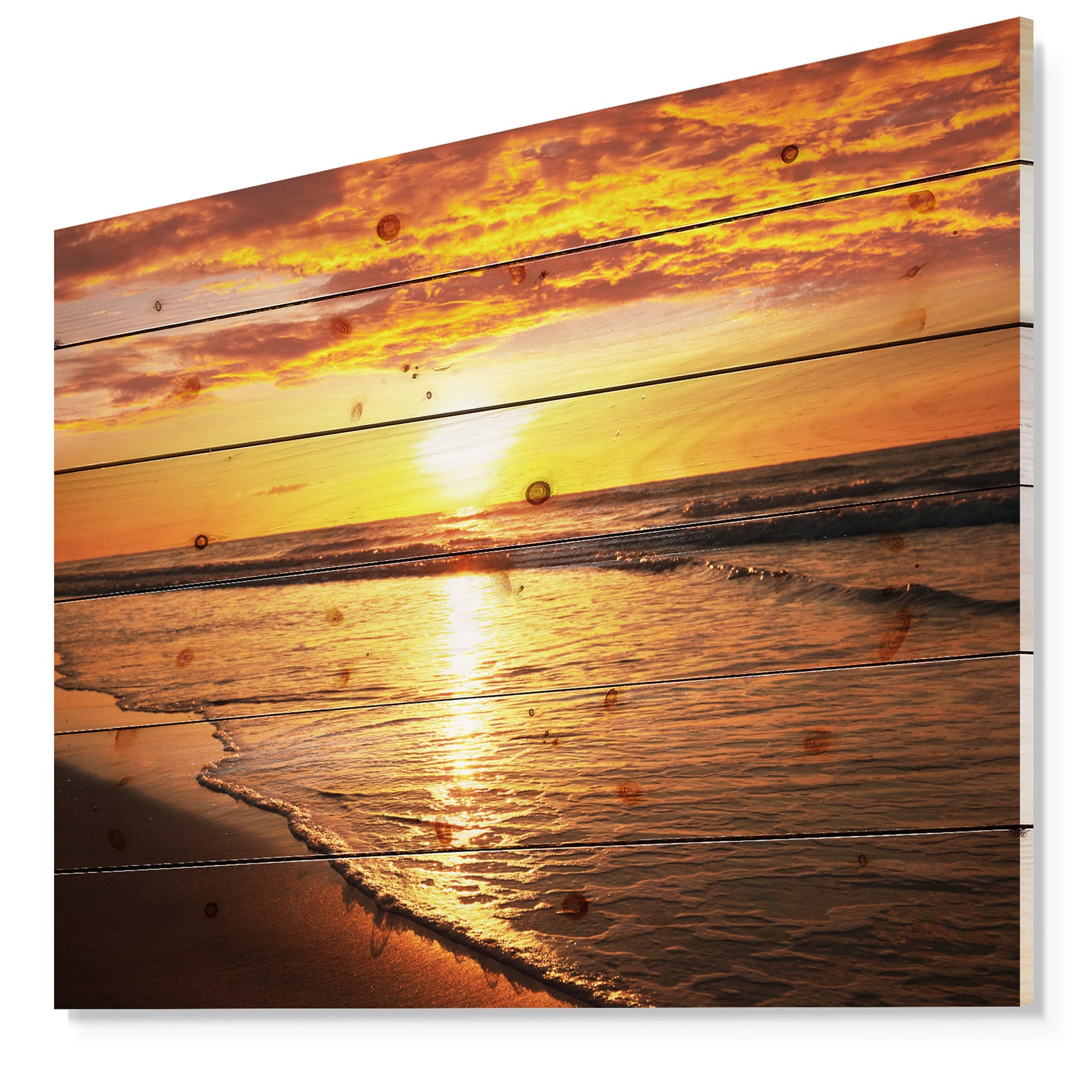 Bright Yellow Sunset over Waves - Modern Beach Print on Natural Pine Wood
