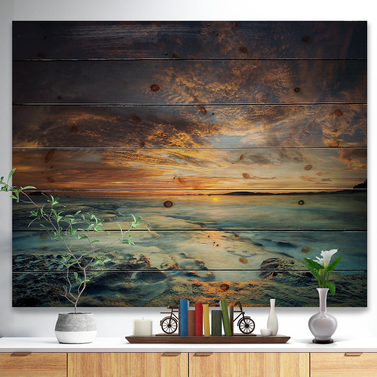 The Tanah Lot Temple In Bali Island - Modern Beach Print on Natural Pine Wood