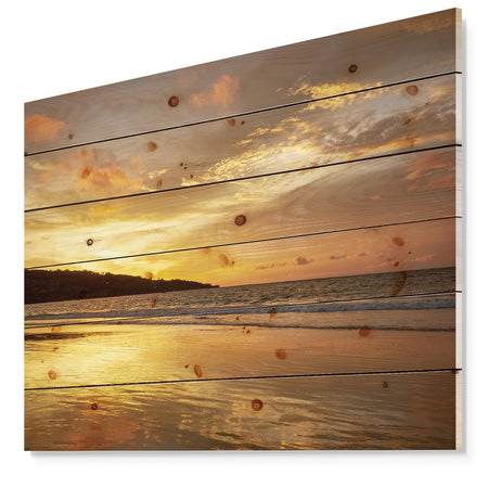 Amazing Beach with Beautiful Breaking Waves - Modern Beach Print on Natural Pine Wood