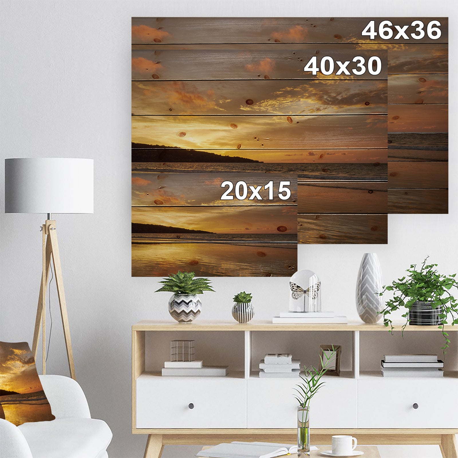 Amazing Beach with Beautiful Breaking Waves - Modern Beach Print on Natural Pine Wood