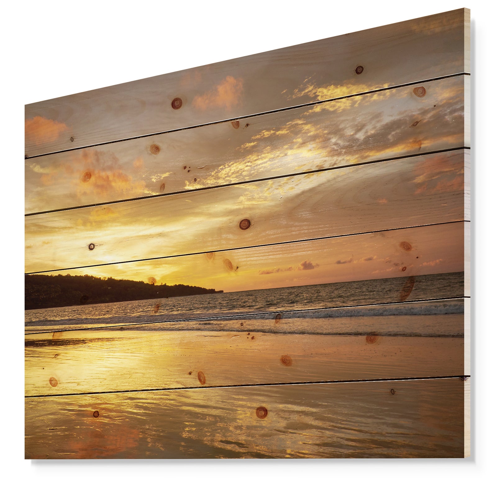 Amazing Beach with Beautiful Breaking Waves - Modern Beach Print on Natural Pine Wood