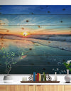 Blue Seashore with Distant Sunset - Seascape Print on Natural Pine Wood