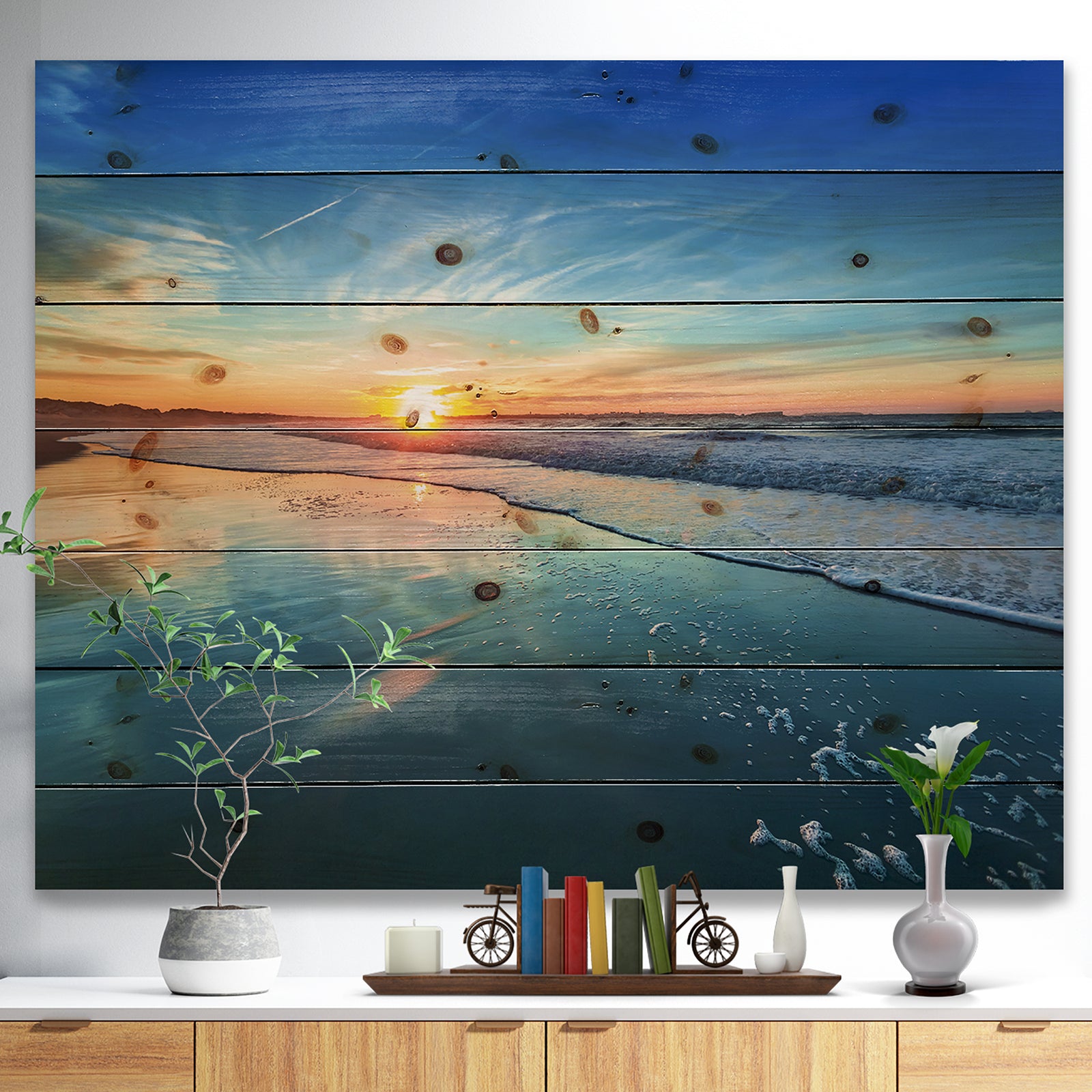 Blue Seashore with Distant Sunset - Seascape Print on Natural Pine Wood