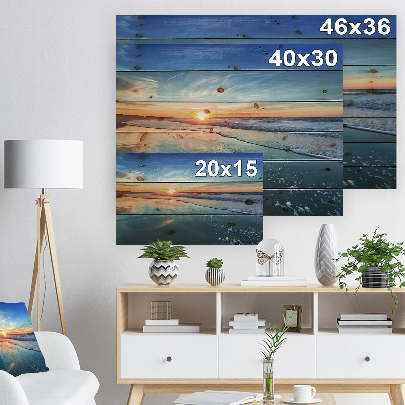 Blue Seashore with Distant Sunset - Seascape Print on Natural Pine Wood