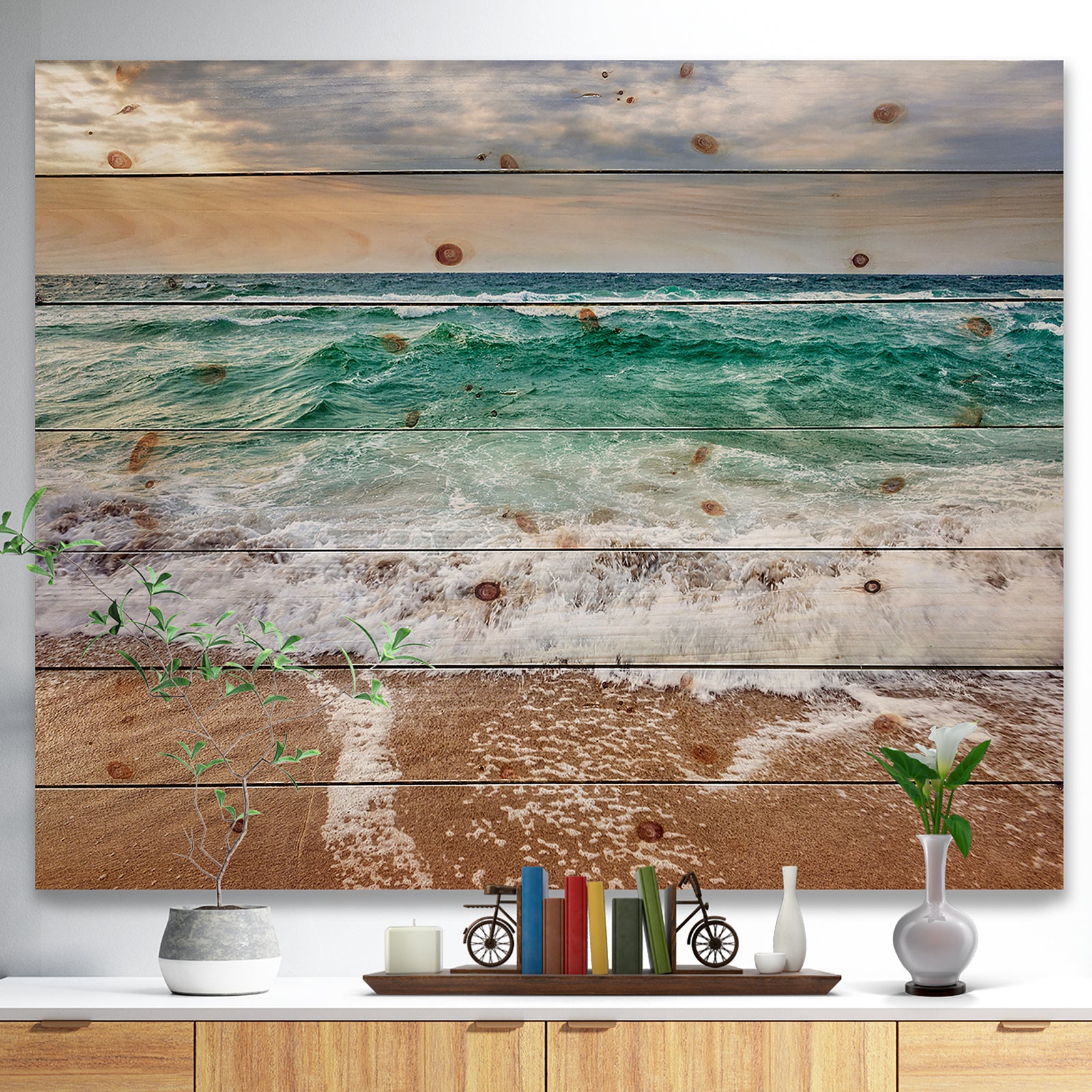 Crystal Clear Blue Foaming Waves - Seascape Print on Natural Pine Wood