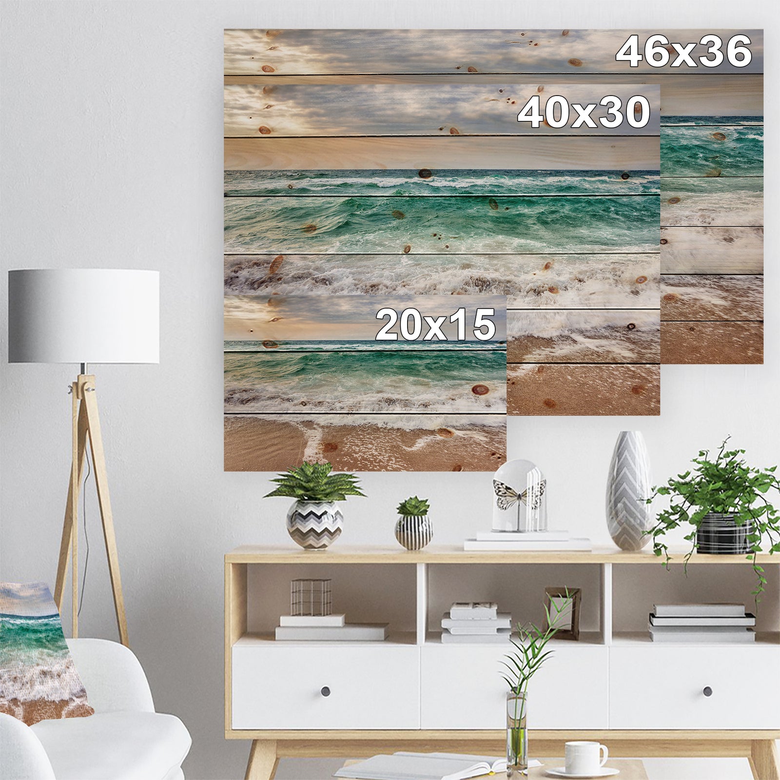 Crystal Clear Blue Foaming Waves - Seascape Print on Natural Pine Wood