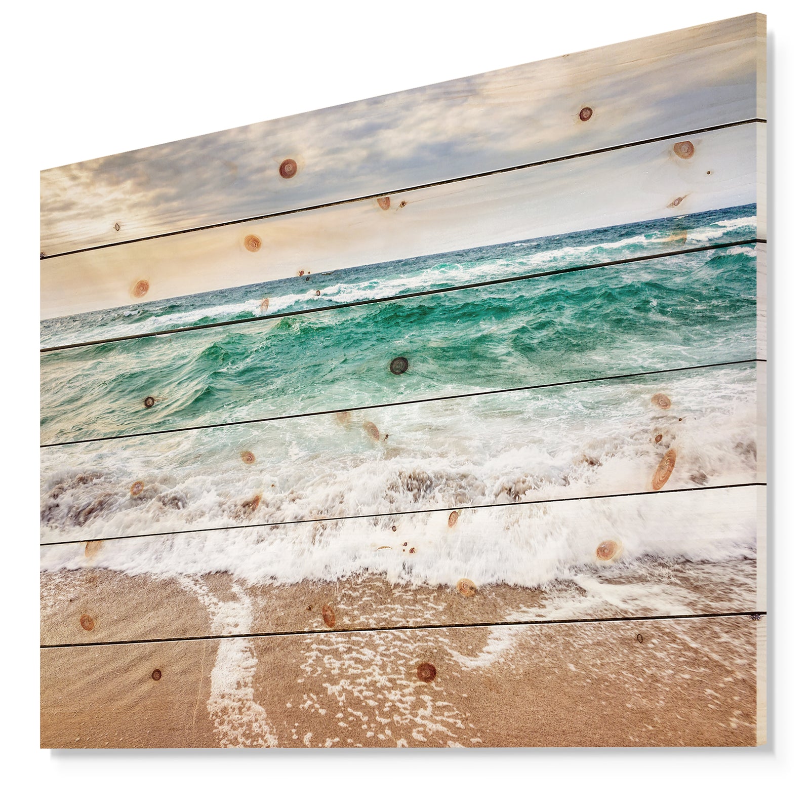 Crystal Clear Blue Foaming Waves - Seascape Print on Natural Pine Wood