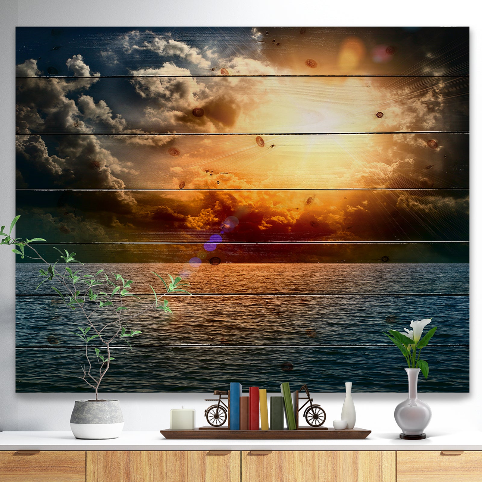 Yellow Sunset in the Middle of Ocean - Beach Photo Print on Natural Pine Wood