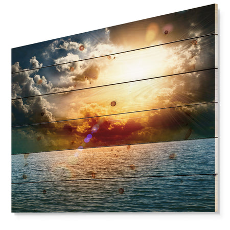 Yellow Sunset in the Middle of Ocean - Beach Photo Print on Natural Pine Wood
