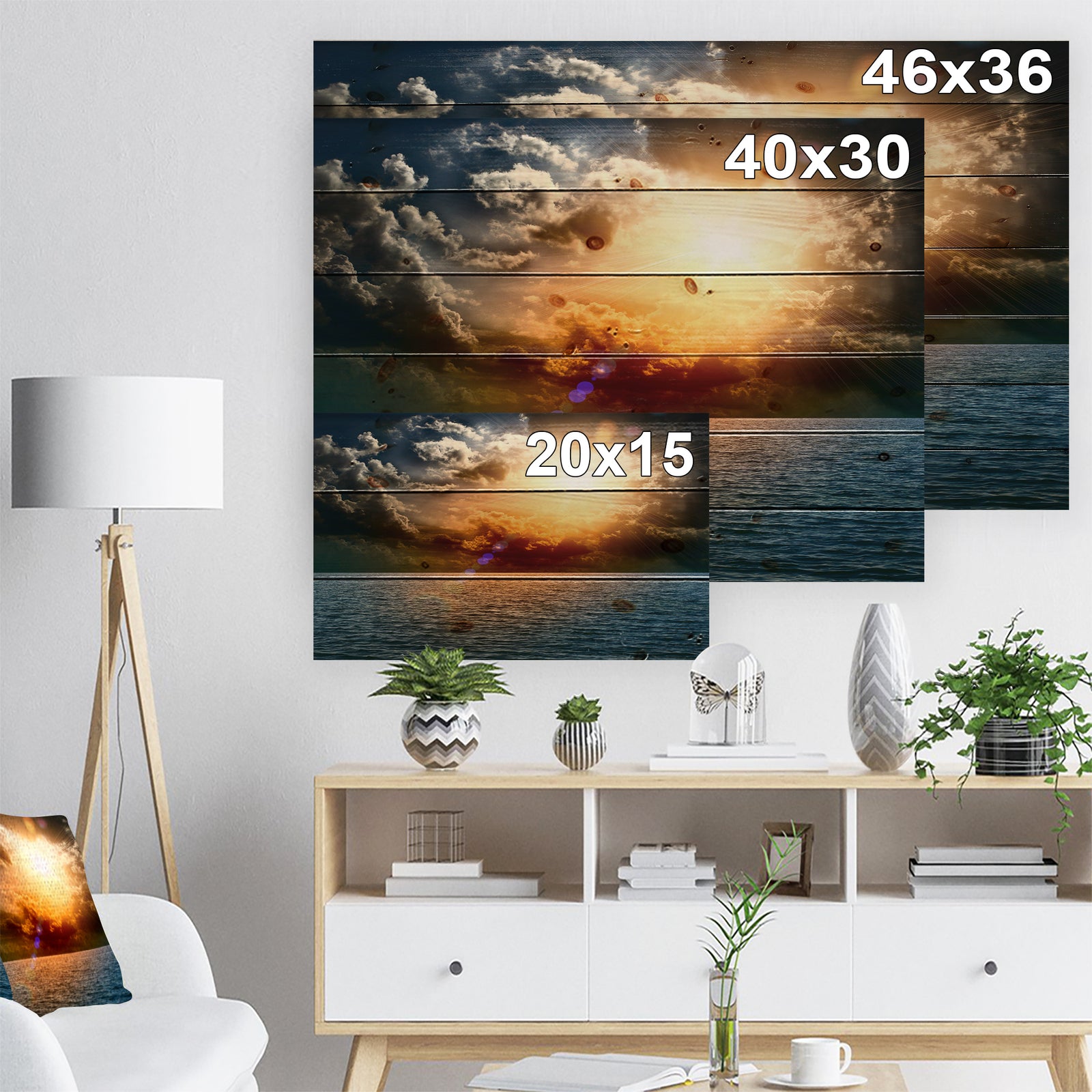 Yellow Sunset in the Middle of Ocean - Beach Photo Print on Natural Pine Wood