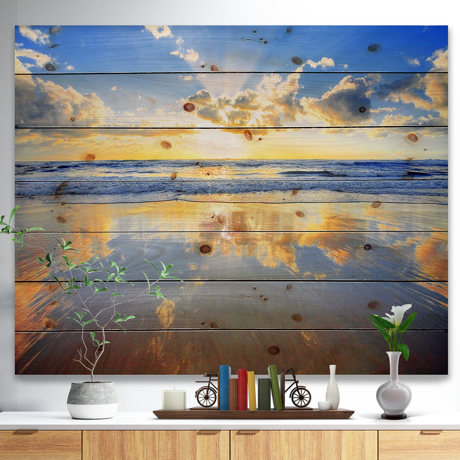 Blue Sky and Clouds Mirrored in Sea - Seashore Print on Natural Pine Wood