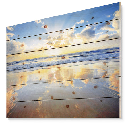Blue Sky and Clouds Mirrored in Sea - Seashore Print on Natural Pine Wood