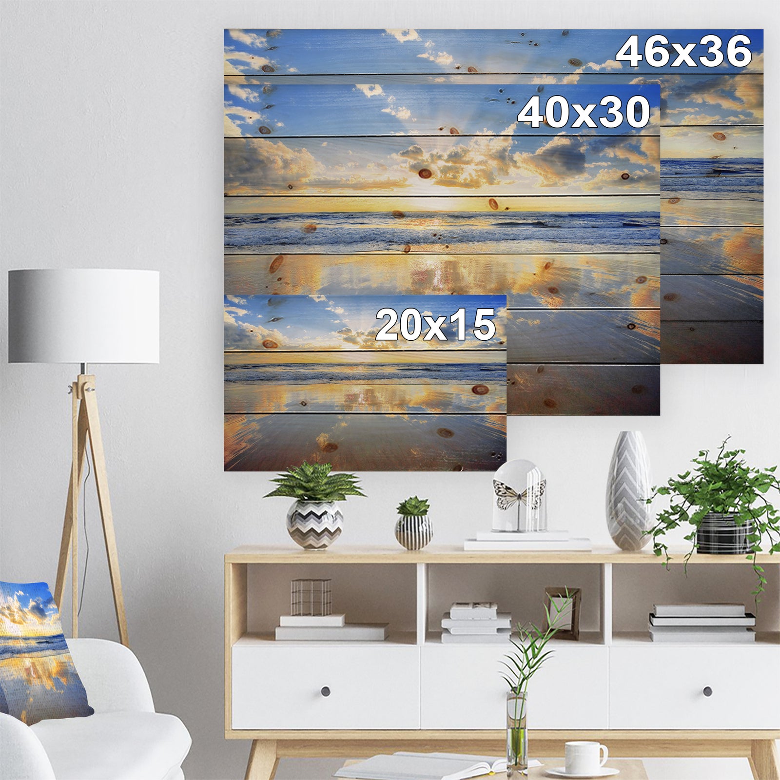 Blue Sky and Clouds Mirrored in Sea - Seashore Print on Natural Pine Wood