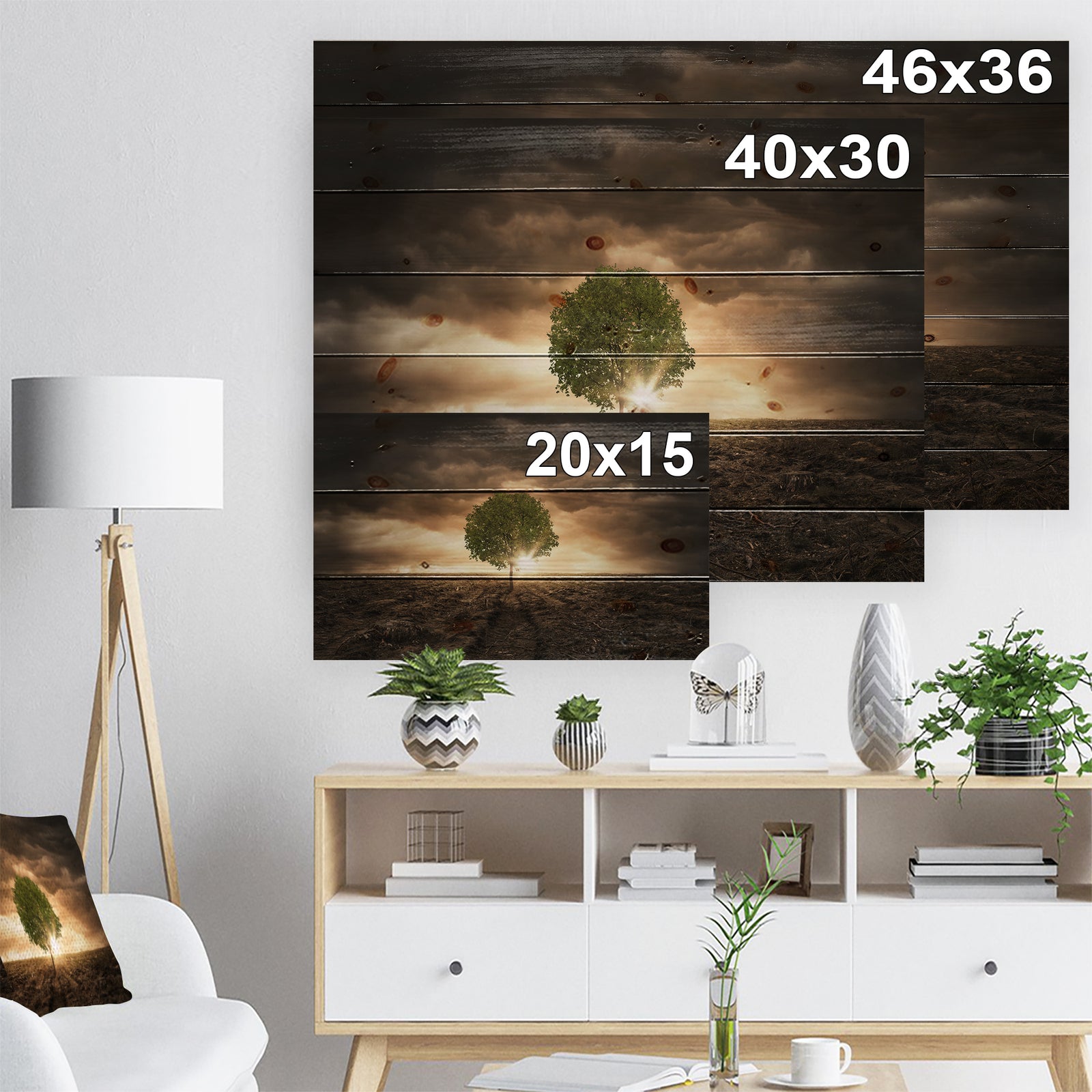 Lonely Tree under Dramatic Sky - Wall Art Landscape Print on Natural Pine Wood