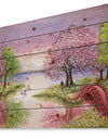 Romantic Lake in Pink and Green - Landscape Print on Natural Pine Wood