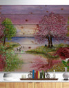 Romantic Lake in Pink and Green - Landscape Print on Natural Pine Wood