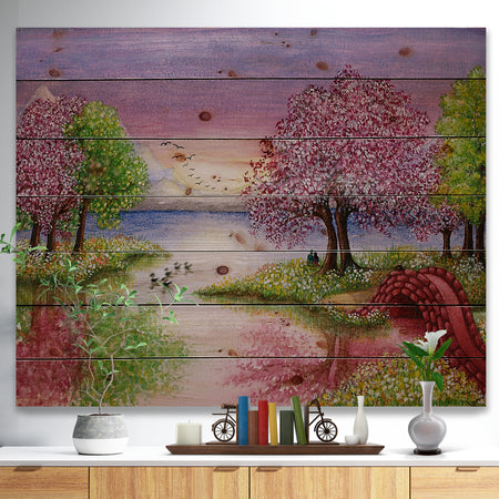 Romantic Lake in Pink and Green - Landscape Print on Natural Pine Wood
