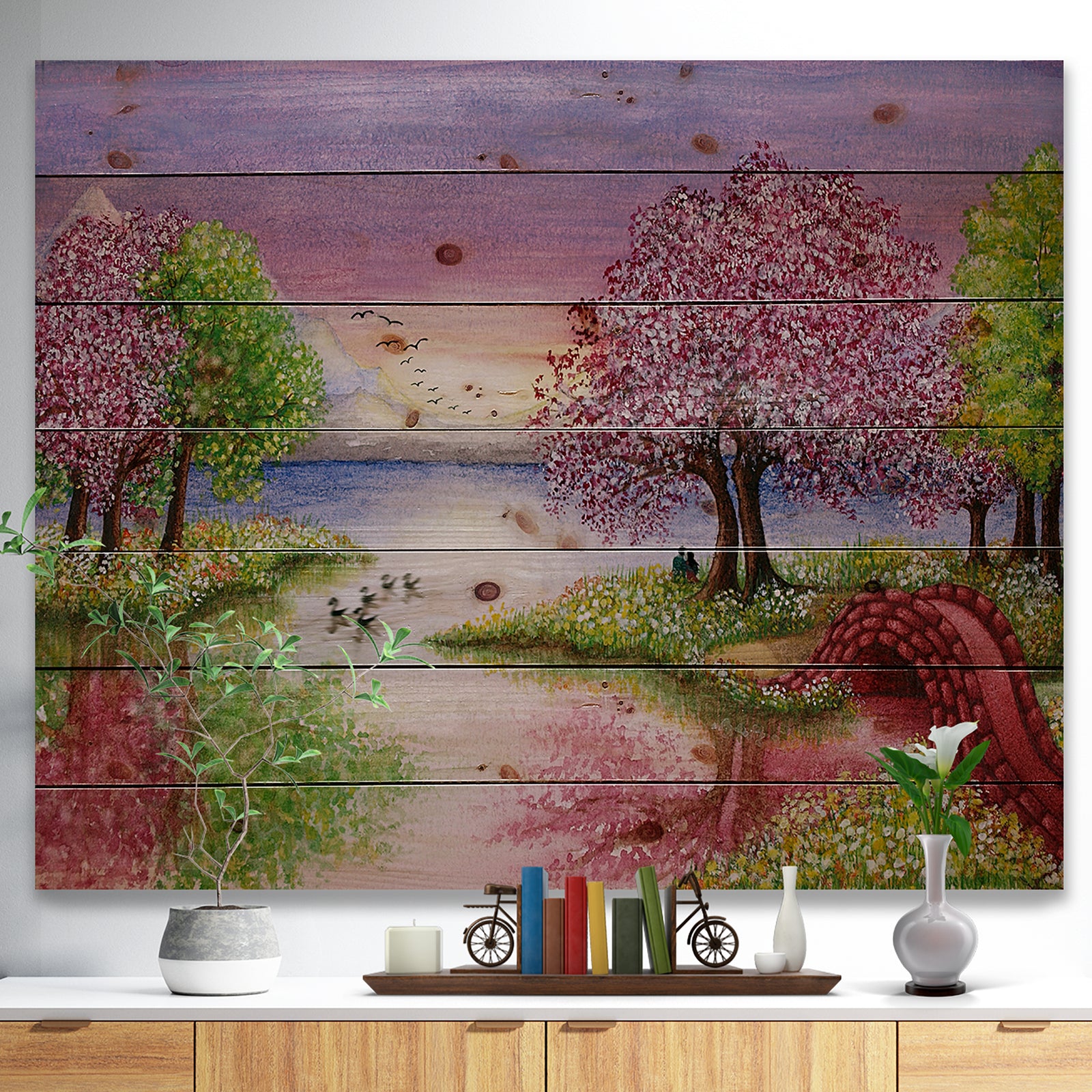 Romantic Lake in Pink and Green - Landscape Print on Natural Pine Wood