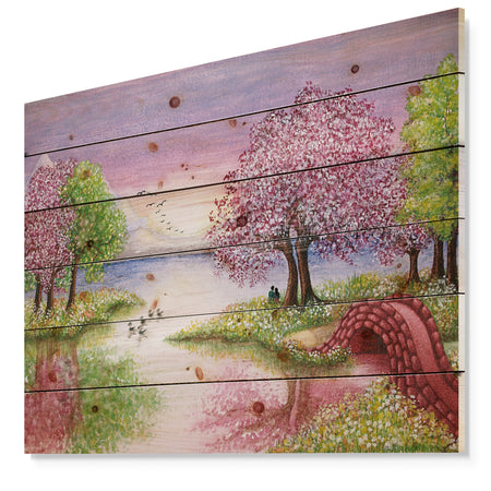 Romantic Lake in Pink and Green - Landscape Print on Natural Pine Wood