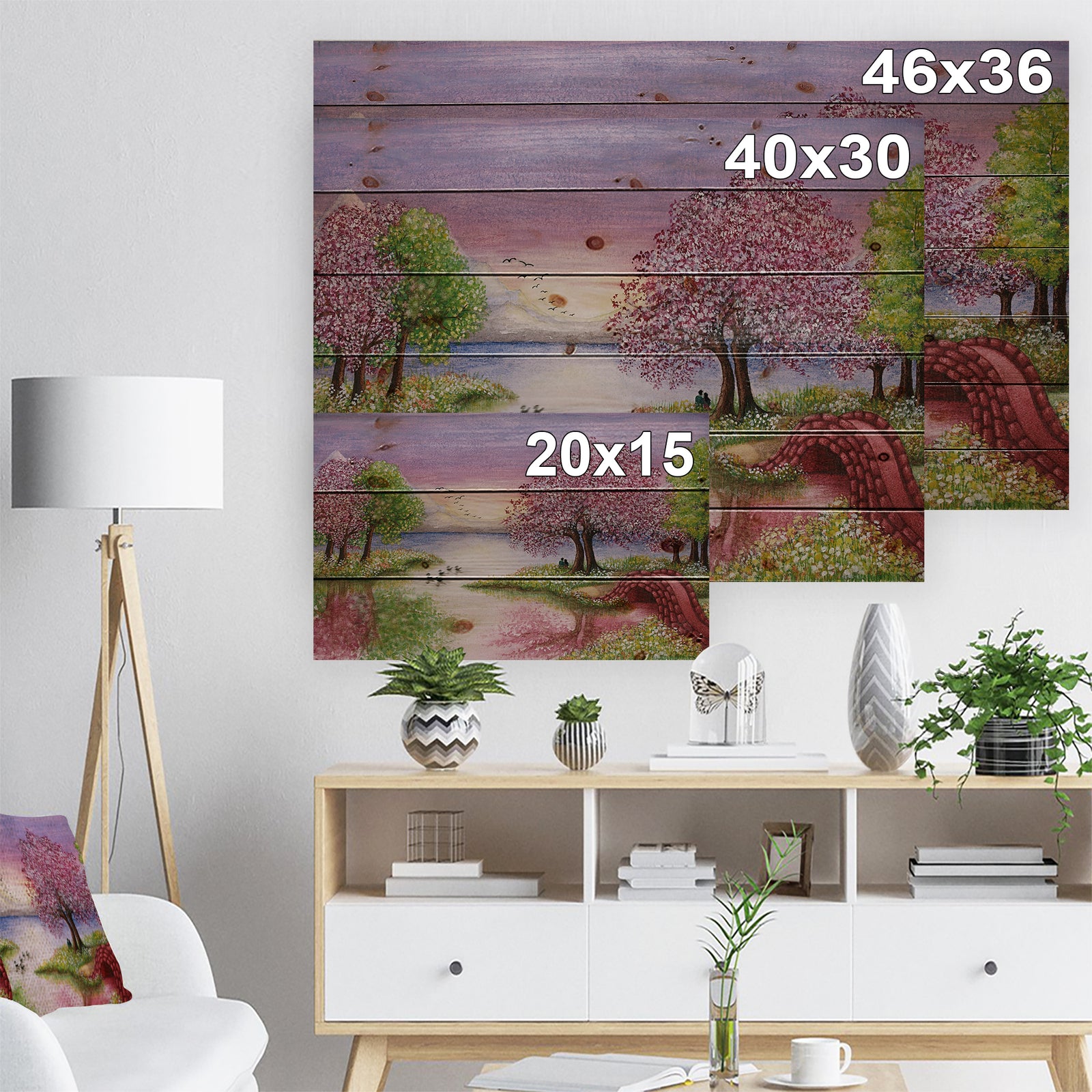 Romantic Lake in Pink and Green - Landscape Print on Natural Pine Wood