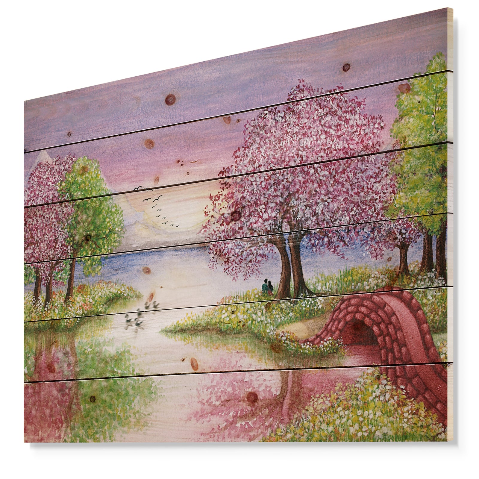 Romantic Lake in Pink and Green - Landscape Print on Natural Pine Wood