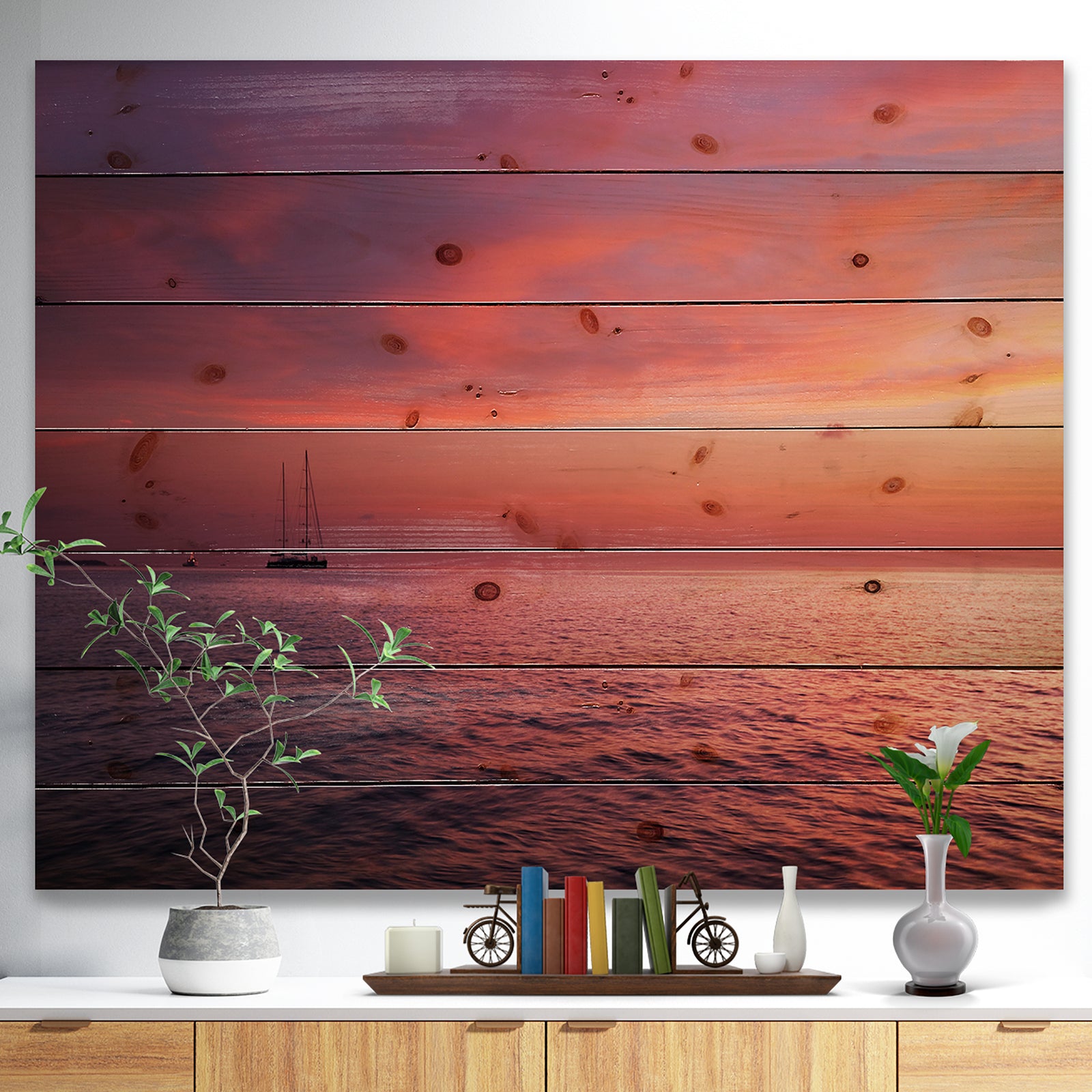 Reddish Serene Maldives Seashore - Seascape Print on Natural Pine Wood