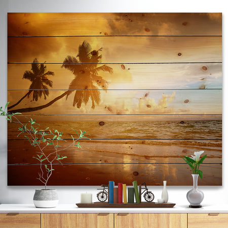 Beautiful Palms at the Caribbean Beach - Seascape Print on Natural Pine Wood