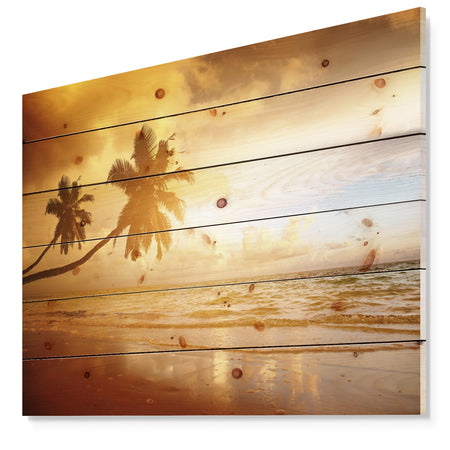 Beautiful Palms at the Caribbean Beach - Seascape Print on Natural Pine Wood