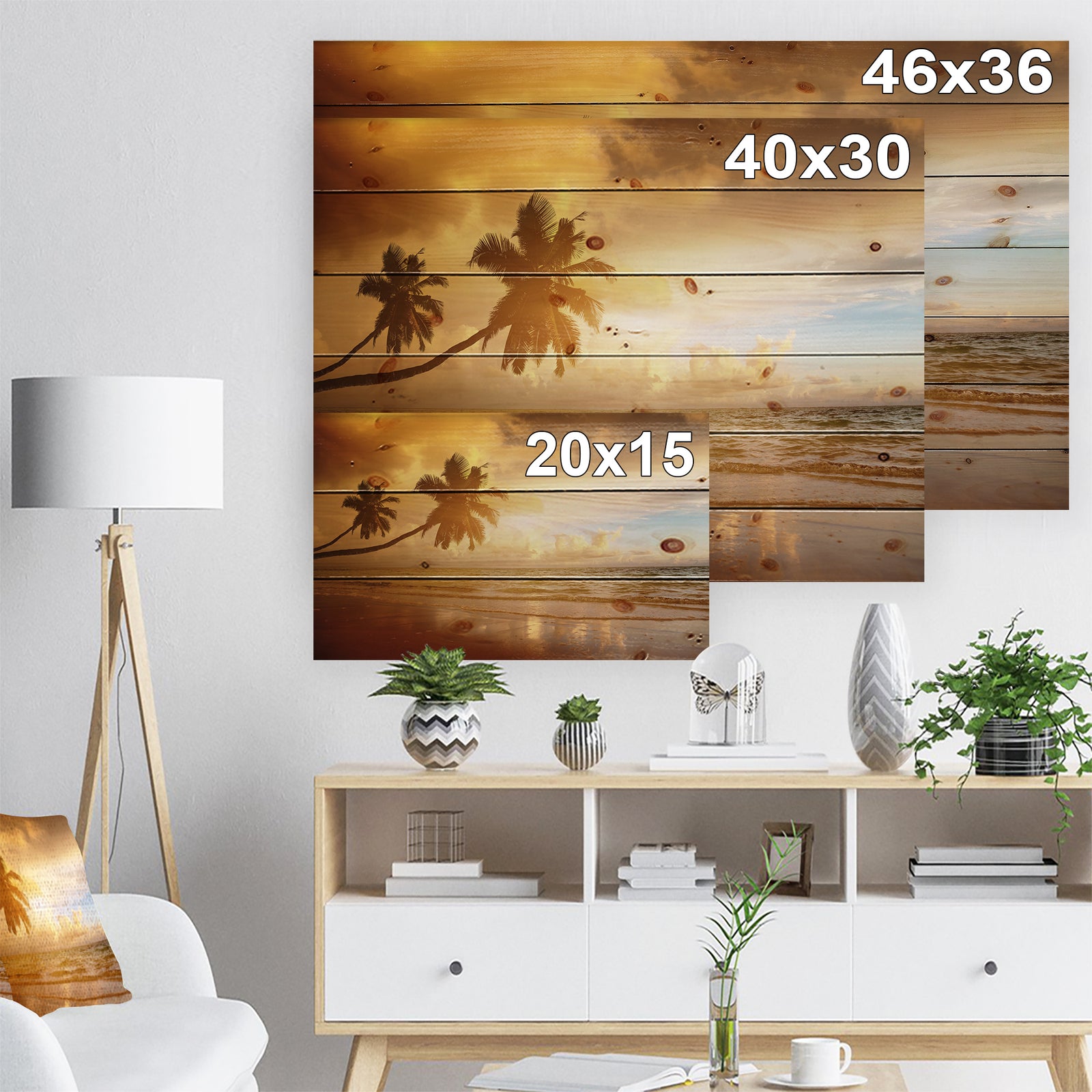 Beautiful Palms at the Caribbean Beach - Seascape Print on Natural Pine Wood