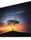 Beautiful Sunset over Lonely Tree - Landscape Print on Natural Pine Wood